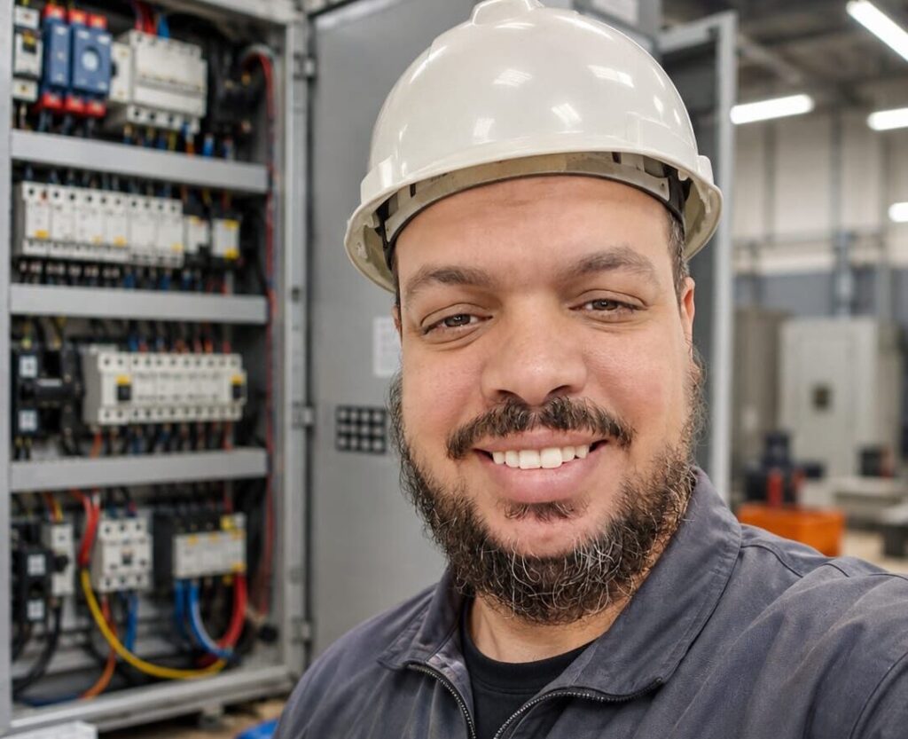 alt=Technicien électricien de LABHAR Electrotechnique en intervention à Mons, Hainaut